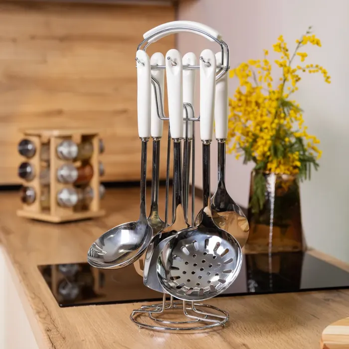 Набір кухонного приладдя на підставці 7 предметів кухонні аксесуари на підставці Білий із сріблястим (HP-20-70) - изображение 6