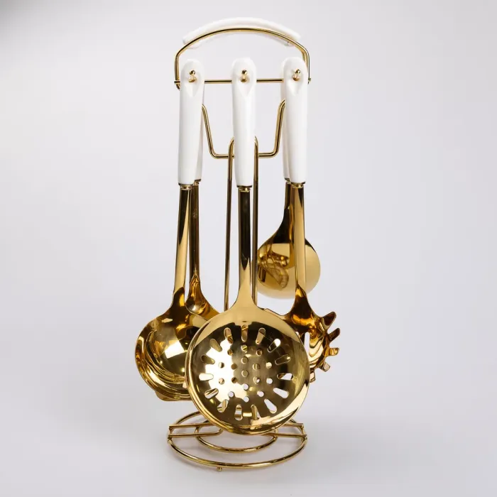Набір кухонного приладдя на підставці 7 предметів кухонні аксесуари на підставці Білий із золотом (HP-20-65) - изображение 1