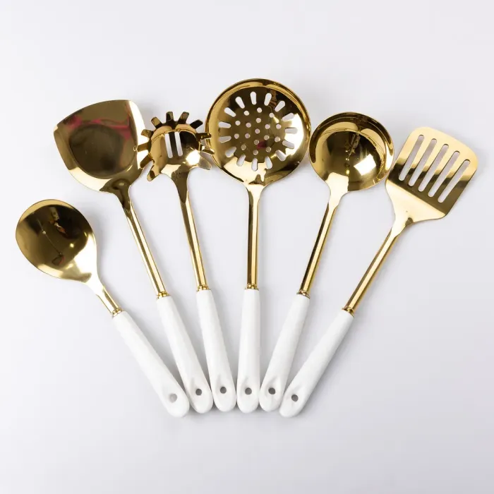 Набір кухонного приладдя на підставці 7 предметів кухонні аксесуари на підставці Білий із золотом (HP-20-65) - изображение 2