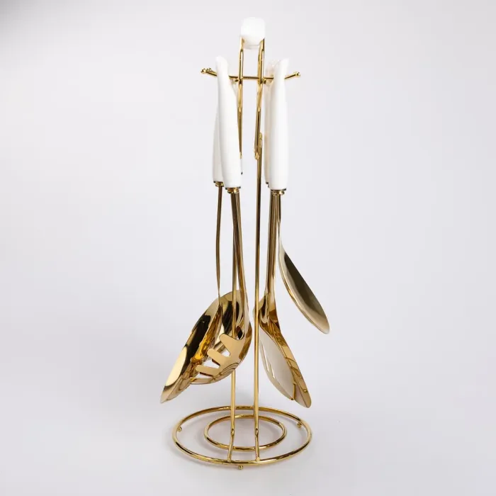 Набір кухонного приладдя на підставці 7 предметів кухонні аксесуари на підставці Білий із золотом (HP-20-65) - изображение 3