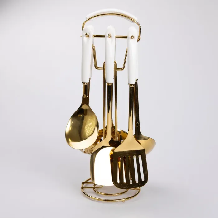 Набір кухонного приладдя на підставці 7 предметів кухонні аксесуари на підставці Білий із золотом (HP-20-65) - изображение 4