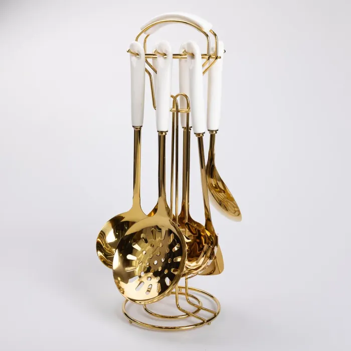 Набір кухонного приладдя на підставці 7 предметів кухонні аксесуари на підставці Білий із золотом (HP-20-65) - изображение 5