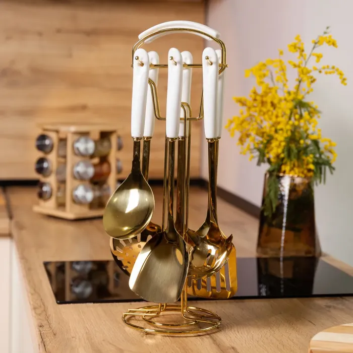Набір кухонного приладдя на підставці 7 предметів кухонні аксесуари на підставці Білий із золотом (HP-20-65) - изображение 6