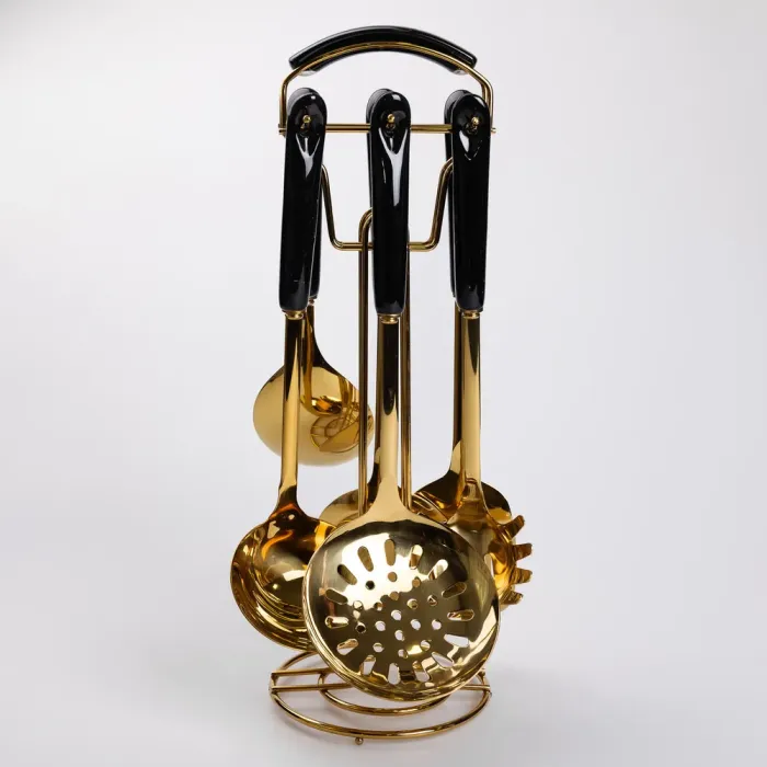 Набір кухонного приладдя на підставці 7 предметів кухонні аксесуари на підставці Чорний із золотом (HP-20-66) - изображение 1