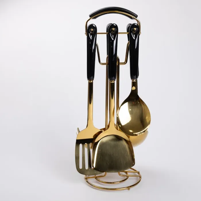 Набір кухонного приладдя на підставці 7 предметів кухонні аксесуари на підставці Чорний із золотом (HP-20-66) - изображение 3