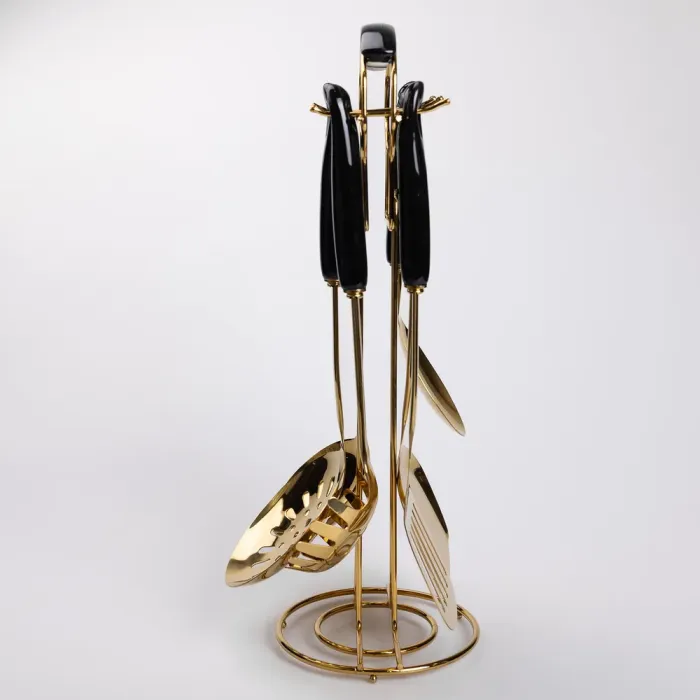 Набір кухонного приладдя на підставці 7 предметів кухонні аксесуари на підставці Чорний із золотом (HP-20-66) - изображение 4