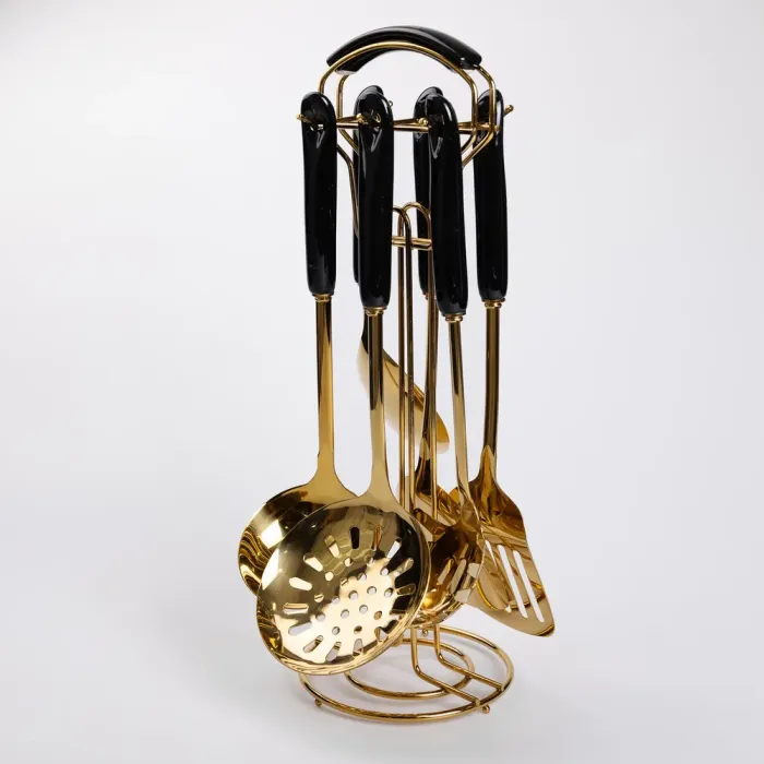 Набір кухонного приладдя на підставці 7 предметів кухонні аксесуари на підставці Чорний із золотом (HP-20-66) - изображение 5