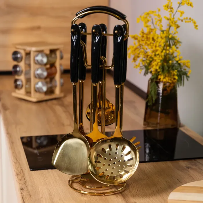 Набір кухонного приладдя на підставці 7 предметів кухонні аксесуари на підставці Чорний із золотом (HP-20-66) - изображение 6