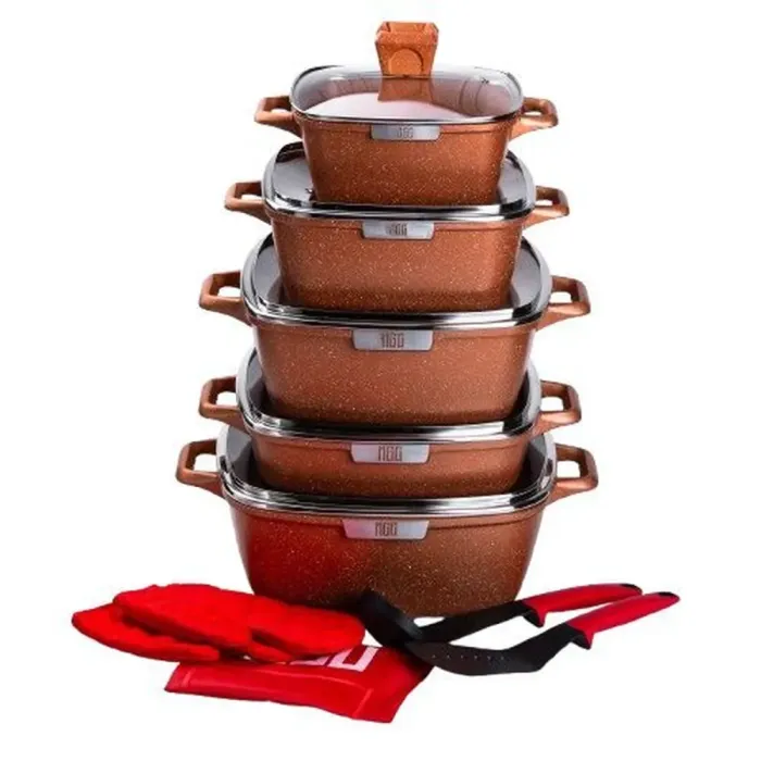 Набір з 5 алюмінієвих квадратних каструль з товстим дном MGC + лопатка, ополоник, рукавички та фартух (HP-4-468) - зображення 1