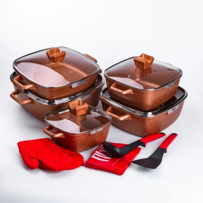 Набір з 5 алюмінієвих квадратних каструль з товстим дном MGC + лопатка, ополоник, рукавички та фартух (HP-4-468) - зображення 5