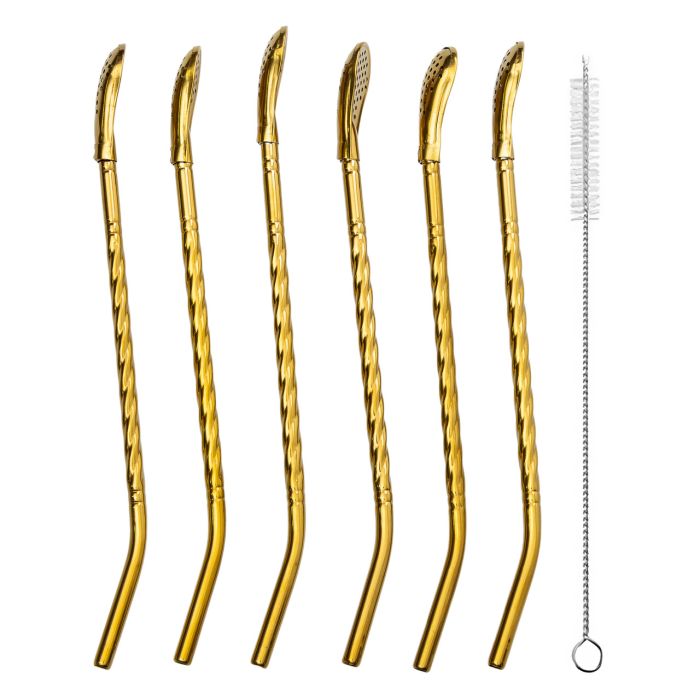 Набір багаторазових ложок-трубочок 6 шт для напоїв 19,5 см з щіткою Золотистий HP-20-56 (HP-20-56) - изображение 1