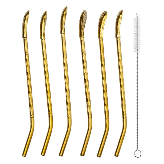 Набір багаторазових ложок-трубочок 6 шт для напоїв 19,5 см з щіткою Золотистий HP-20-56 (HP-20-56) - зображення 1