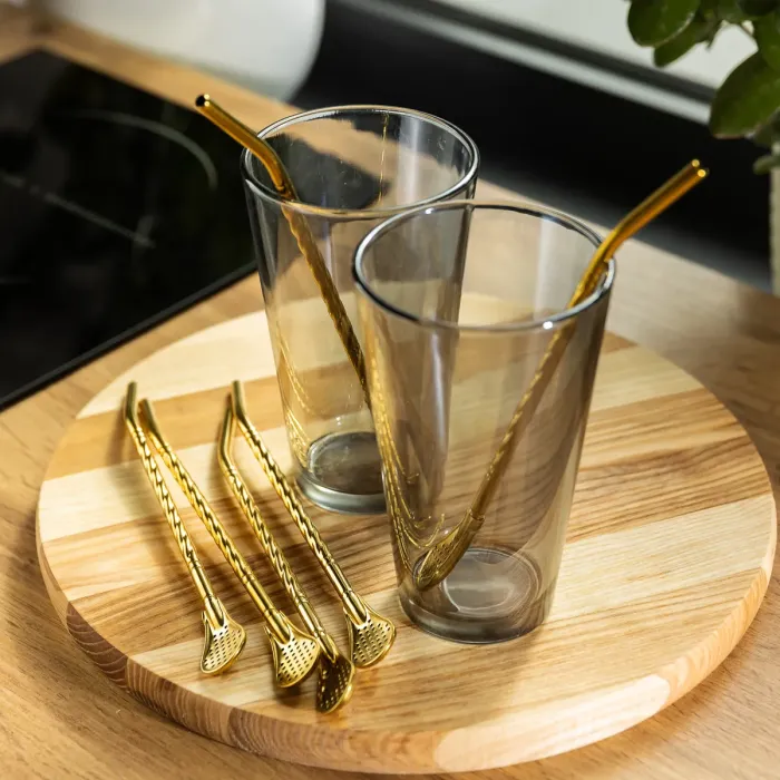 Набір багаторазових ложок-трубочок 6 шт для напоїв 19,5 см з щіткою Золотистий HP-20-56 (HP-20-56) - зображення 2