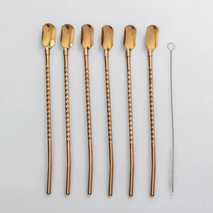 Набір багаторазових ложок-трубочок 6 шт для напоїв 22 см зі щіткою для миття з нержавіючої сталі Бронзовий (HP-20-20) - изображение 1