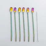 Набір багаторазових ложок-трубочок 6 шт для напоїв 22 см зі щіткою для миття з нержавіючої сталі Хамелеон (HP-20-21)