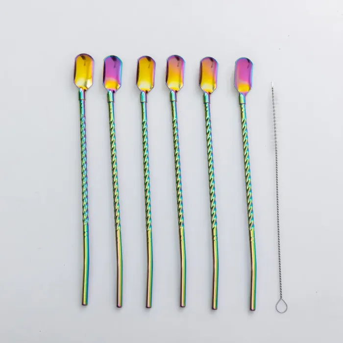 Набір багаторазових ложок-трубочок 6 шт для напоїв 22 см зі щіткою для миття з нержавіючої сталі Хамелеон (HP-20-21) - изображение 1