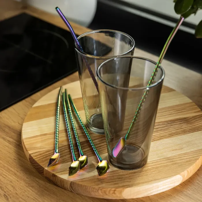 Набір багаторазових ложок-трубочок 6 шт для напоїв 22 см зі щіткою для миття з нержавіючої сталі Хамелеон (HP-20-21) - изображение 4