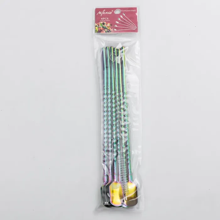 Набір багаторазових ложок-трубочок 6 шт для напоїв 22 см зі щіткою для миття з нержавіючої сталі Хамелеон (HP-20-21) - изображение 5