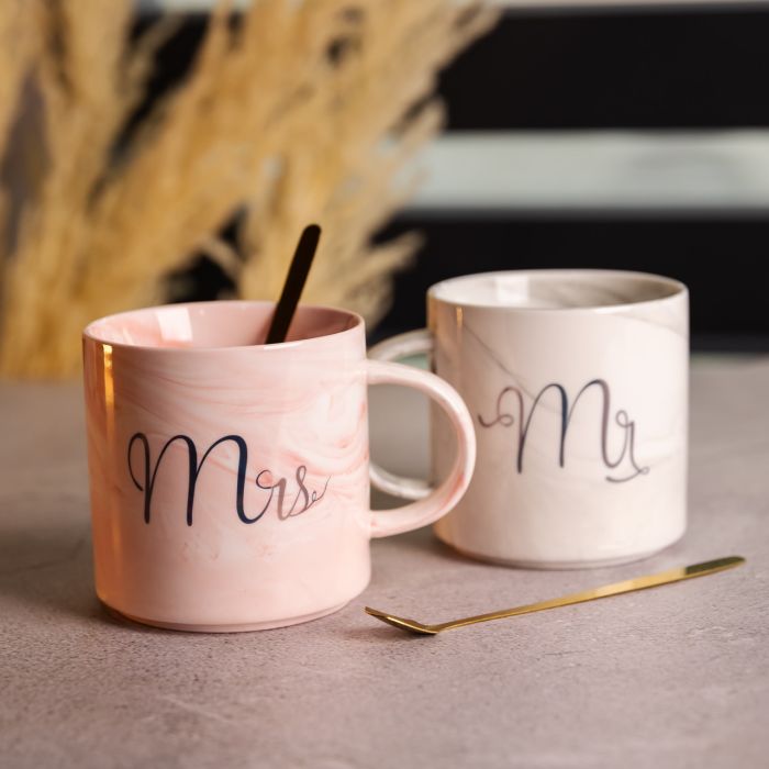 Набір парних порцелянових чашок Mr&Mis 2 (шт) по 400 (мл) чашки на подарунок з ложкою FM-28 (FM-28) - зображення 2