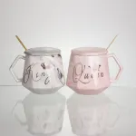 Набір парних порцелянових чашок Queen&King 2 (шт) по 400 (мл) чашки на подарунок із кришкою і ложкою Рожевий з блакитним FM-31 (FM-31)