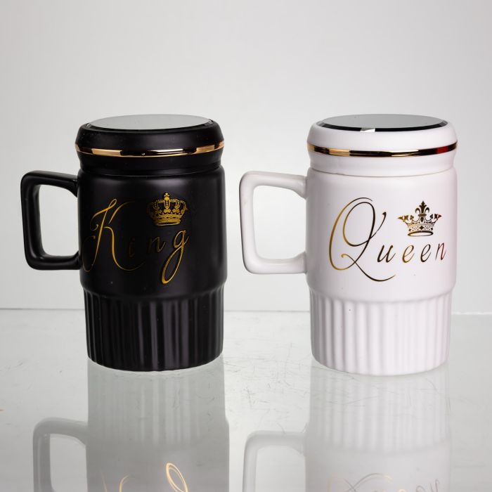 Набір парних порцелянових чашок з кришкою 2 (шт) по 450  (мл) Чорний з білим Yiwu FM-26 (FM-26) - зображення 1