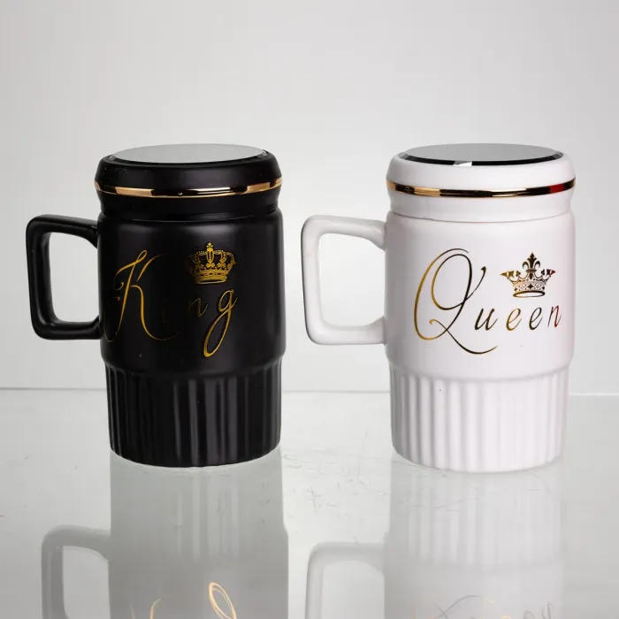 Набір парних порцелянових чашок з кришкою 2 (шт) по 450  (мл) Чорний з білим Yiwu FM-26 (FM-26) - зображення 1