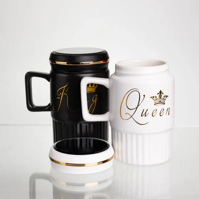 Набір парних порцелянових чашок з кришкою 2 (шт) по 450  (мл) Чорний з білим Yiwu FM-26 (FM-26) - зображення 3