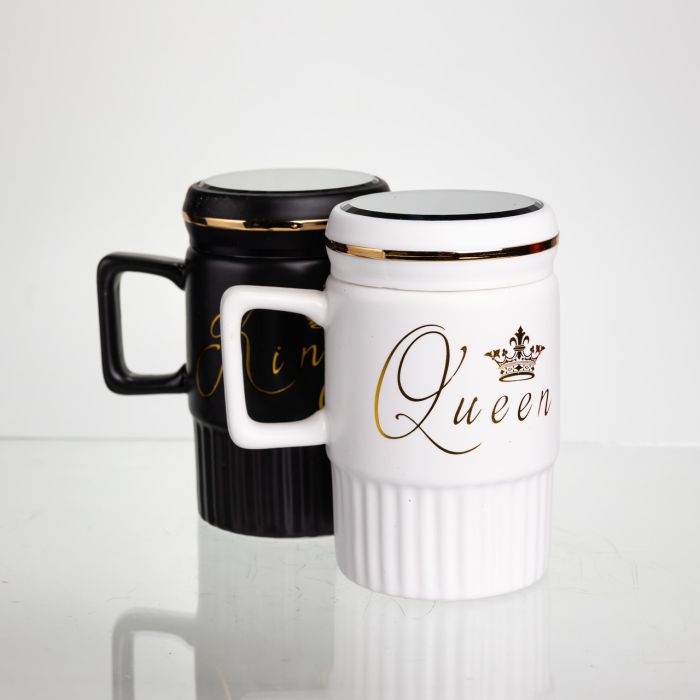 Набір парних порцелянових чашок з кришкою 2 (шт) по 450  (мл) Чорний з білим Yiwu FM-26 (FM-26) - зображення 4