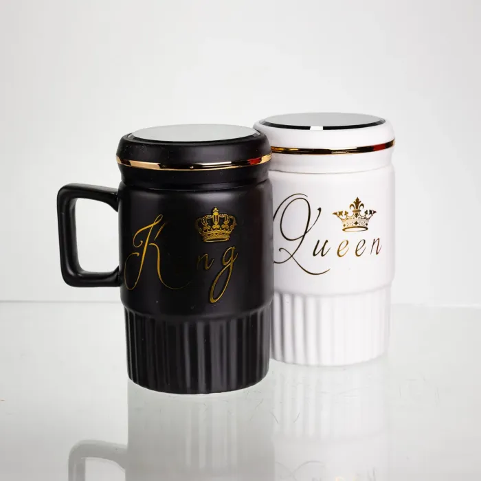 Набір парних порцелянових чашок з кришкою 2 (шт) по 450  (мл) Чорний з білим Yiwu FM-26 (FM-26) - зображення 5