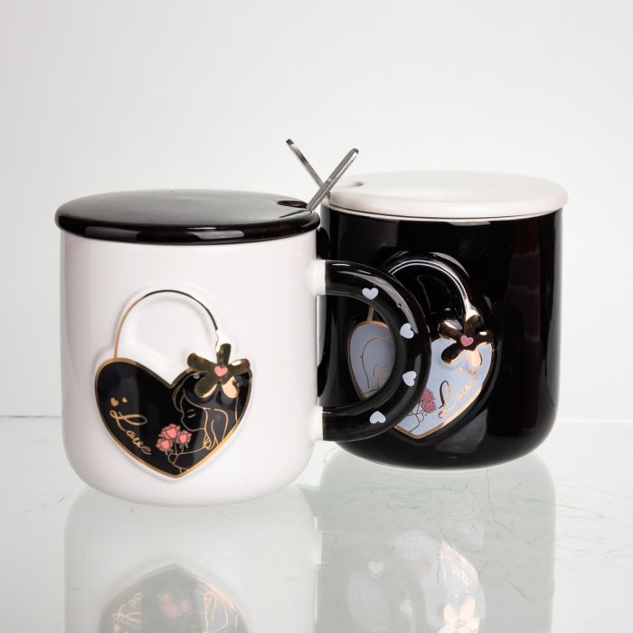 Набір парних порцелянових чашок із серцем 2 (шт) по 400 (мл) чашки на подарунок із кришкою та ложкою Чорний з білим FM-33 (FM-33) - изображение 4