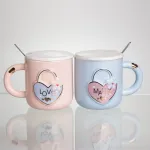 Набір парних порцелянових чашок із серцем 2 (шт) по 400 (мл) чашки на подарунок із кришкою та ложкою Рожевий з блакитним FM-32 (FM-32)
