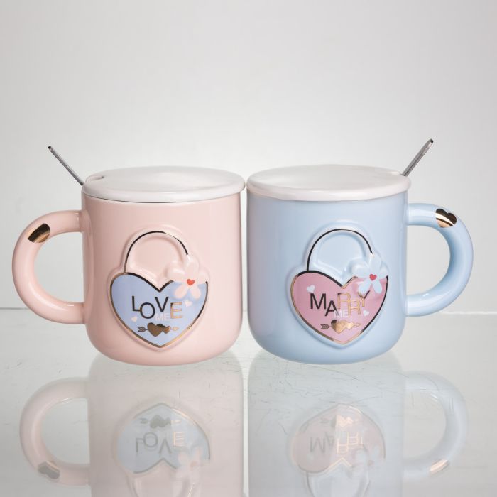 Набір парних порцелянових чашок із серцем 2 (шт) по 400 (мл) чашки на подарунок із кришкою та ложкою Рожевий з блакитним FM-32 (FM-32) - зображення 1
