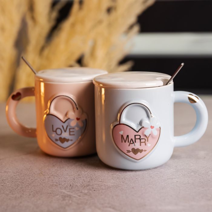 Набір парних порцелянових чашок із серцем 2 (шт) по 400 (мл) чашки на подарунок із кришкою та ложкою Рожевий з блакитним FM-32 (FM-32) - зображення 2