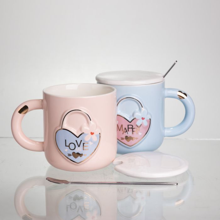 Набір парних порцелянових чашок із серцем 2 (шт) по 400 (мл) чашки на подарунок із кришкою та ложкою Рожевий з блакитним FM-32 (FM-32) - зображення 3