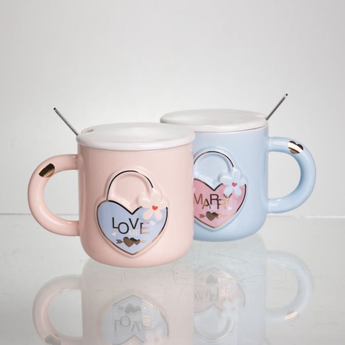 Набір парних порцелянових чашок із серцем 2 (шт) по 400 (мл) чашки на подарунок із кришкою та ложкою Рожевий з блакитним FM-32 (FM-32) - зображення 4