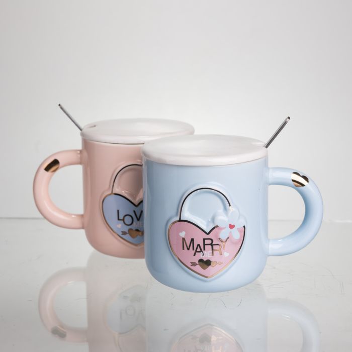 Набір парних порцелянових чашок із серцем 2 (шт) по 400 (мл) чашки на подарунок із кришкою та ложкою Рожевий з блакитним FM-32 (FM-32) - зображення 5