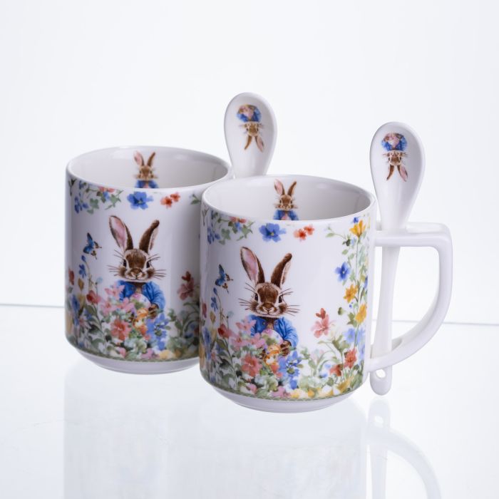 Набір подарункових чашок порцелянових Garden Rabbits 2 штуки по 300 мл із ложками HP-7323-3 (HP-7323-3) - зображення 1