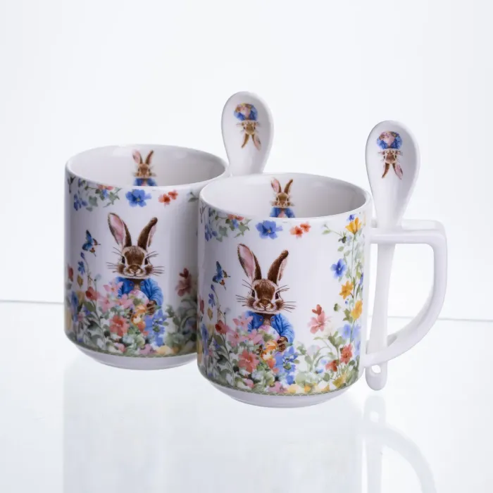 Набір подарункових чашок порцелянових Garden Rabbits 2 штуки по 300 мл із ложками HP-7323-3 (HP-7323-3) - зображення 1