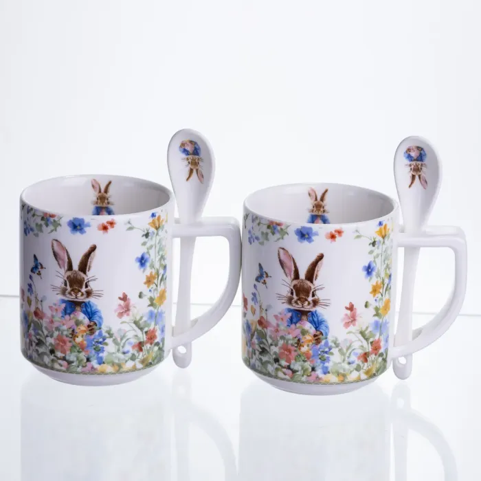 Набір подарункових чашок порцелянових Garden Rabbits 2 штуки по 300 мл із ложками HP-7323-3 (HP-7323-3) - зображення 3