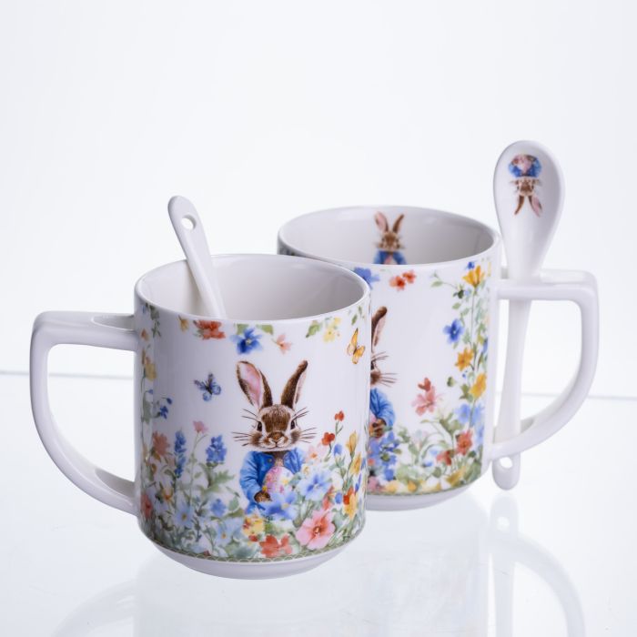 Набір подарункових чашок порцелянових Garden Rabbits 2 штуки по 300 мл із ложками HP-7323-3 (HP-7323-3) - зображення 4
