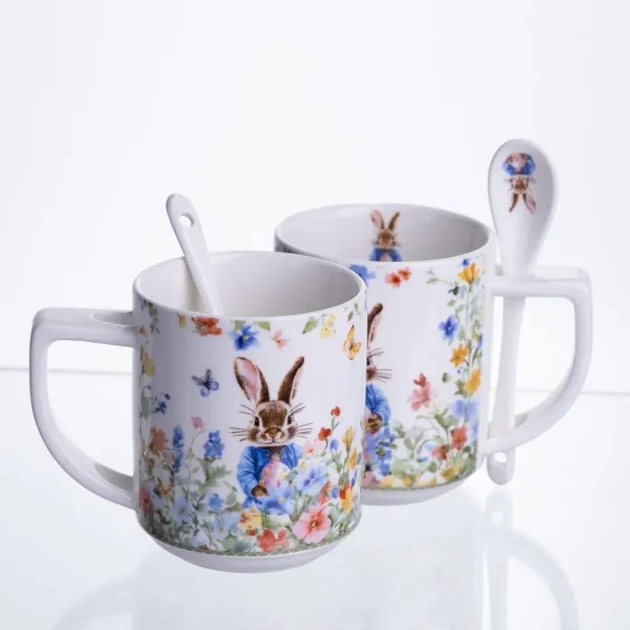 Набір подарункових чашок порцелянових Garden Rabbits 2 штуки по 300 мл із ложками HP-7323-3 (HP-7323-3) - зображення 4