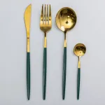 Набір столових приборів 24 предмети столовий набір на 6 персон Золотистий з зеленим (HP-20-48)