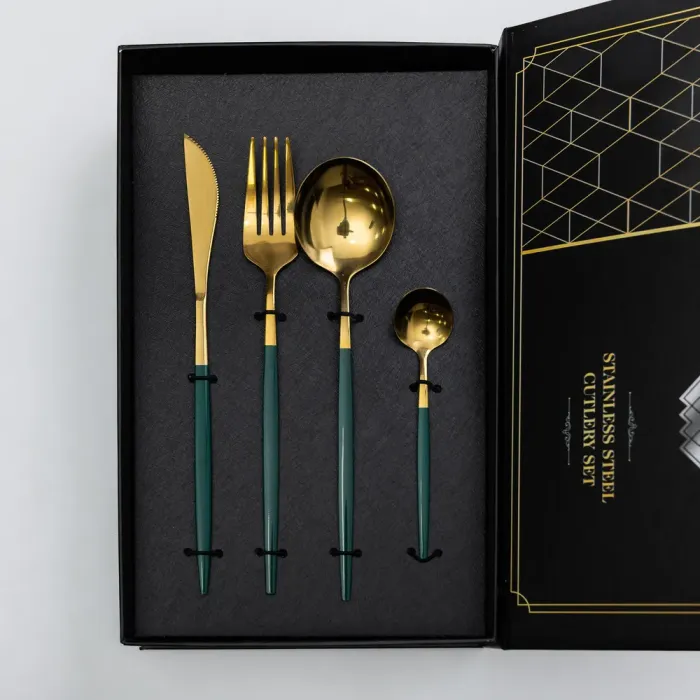 Набір столових приборів 24 предмети столовий набір на 6 персон Золотистий з зеленим (HP-20-48) - зображення 2