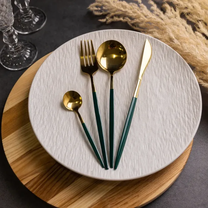 Набір столових приборів 24 предмети столовий набір на 6 персон Золотистий з зеленим (HP-20-48) - зображення 4