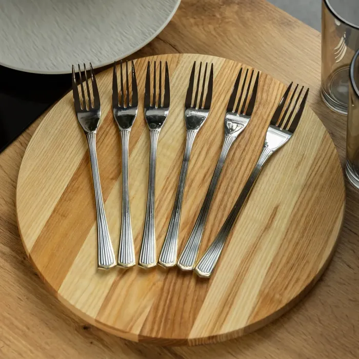 Набір столових виделок 6 штук виделки кухонні з нержавіючої сталі 20.5 см Срібло із золотим обрамленням (HP-20-32) - изображение 4