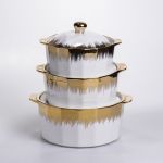 Набір супниць порцелянових 3 (шт) 1.5/2/3 (л)  каструлі бульйонниці з кришкою та ручками для дому та ресторану з позолотою ML-T26-3 (ML-T26-3)