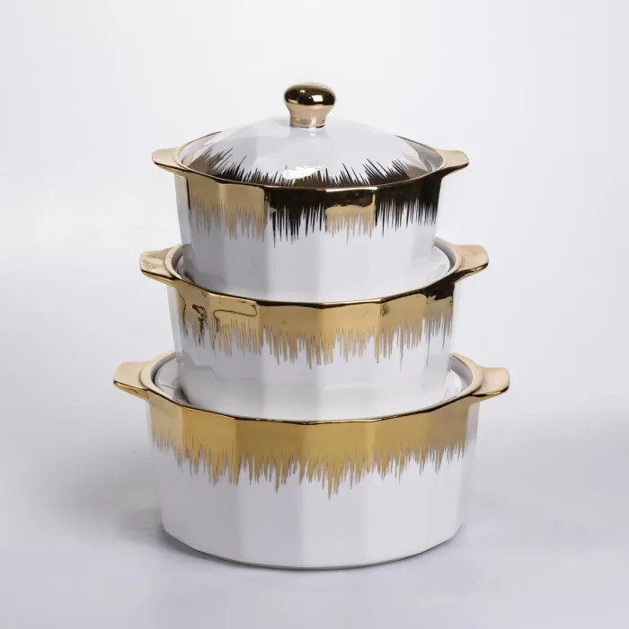 Набір супниць порцелянових 3 (шт) 1.5/2/3 (л)  каструлі бульйонниці з кришкою та ручками для дому та ресторану з позолотою ML-T26-3 (ML-T26-3) - зображення 1