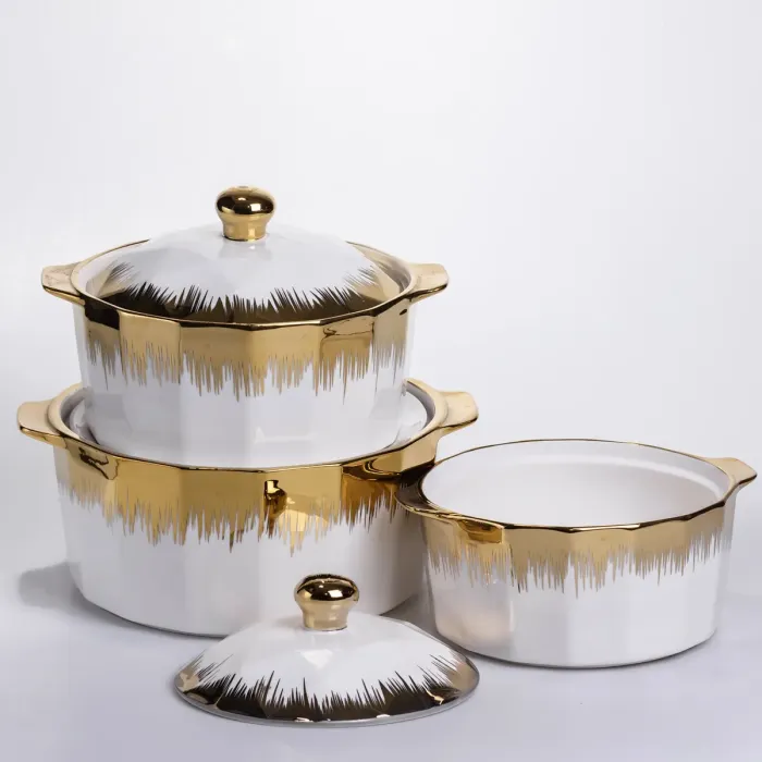 Набір супниць порцелянових 3 (шт) 1.5/2/3 (л)  каструлі бульйонниці з кришкою та ручками для дому та ресторану з позолотою ML-T26-3 (ML-T26-3) - зображення 2