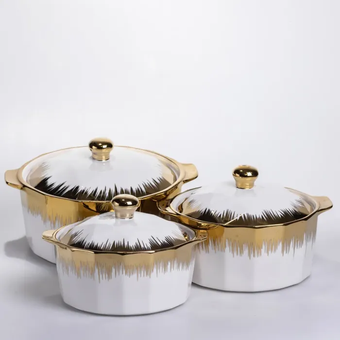 Набір супниць порцелянових 3 (шт) 1.5/2/3 (л)  каструлі бульйонниці з кришкою та ручками для дому та ресторану з позолотою ML-T26-3 (ML-T26-3) - зображення 3