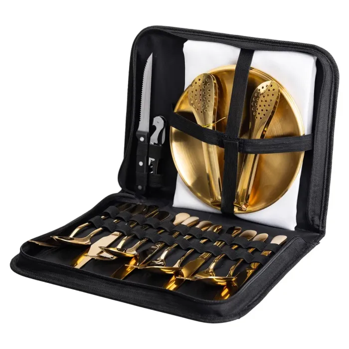 Набір туристичного посуду на 4 персони посуд для походу, пікніка 24 предмети в чохлі з нержавійки Золото (HP-20-69) - изображение 2